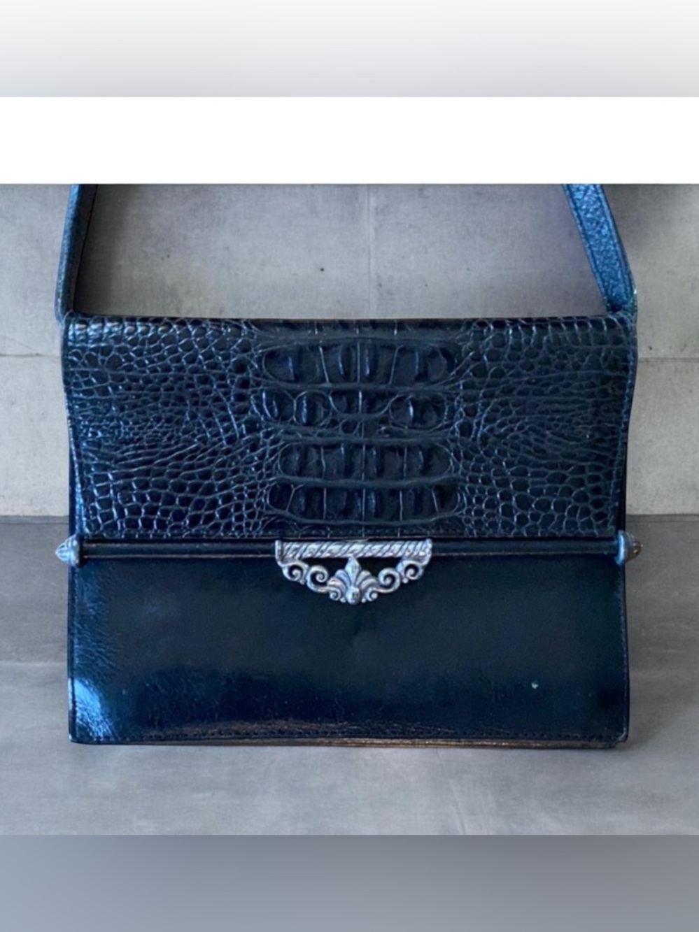 Black Croc-Embossed Leather Crossbody Bag with Silver Accent